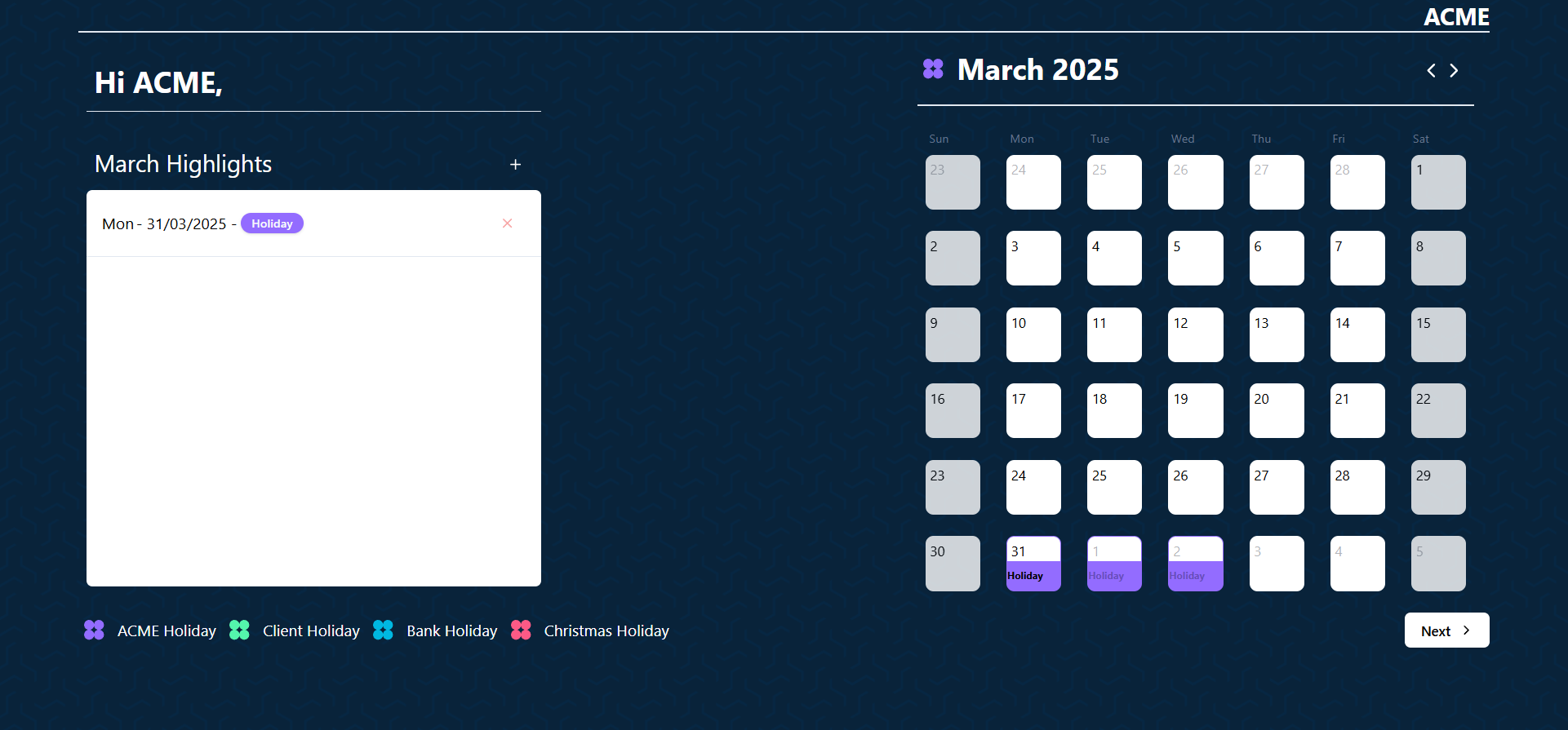 Multi-Client Holiday Calendar System - Custom software development project by Akamaar.dev for Outsourcing Company